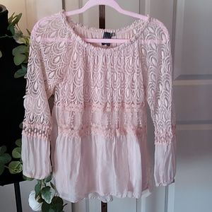 Beautiful pink silk blouse with lace and rouching.